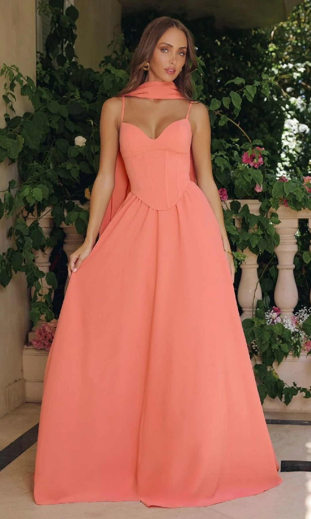 Elegant A-Line Sweetheart Sleeveless Corset Pleated Coral Long Prom Dresses Women
