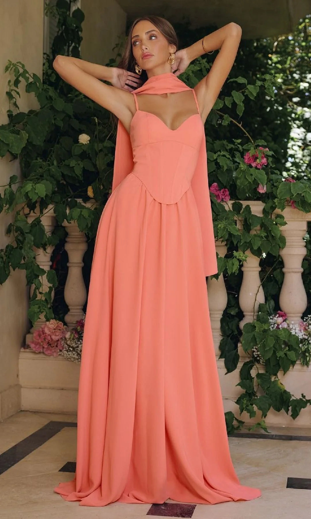Elegant A-Line Sweetheart Sleeveless Corset Pleated Coral Long Prom Dresses Women