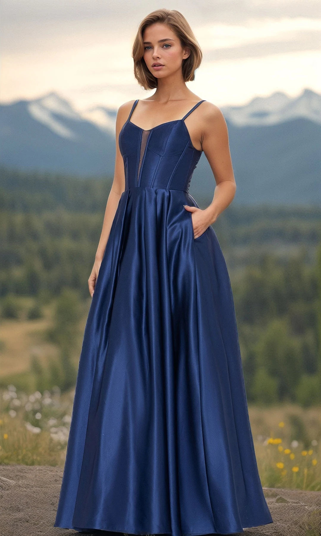 Elegant A-Line Sweetheart Sleeveless Corset Pleated Navy Maxi Prom Dresses Women