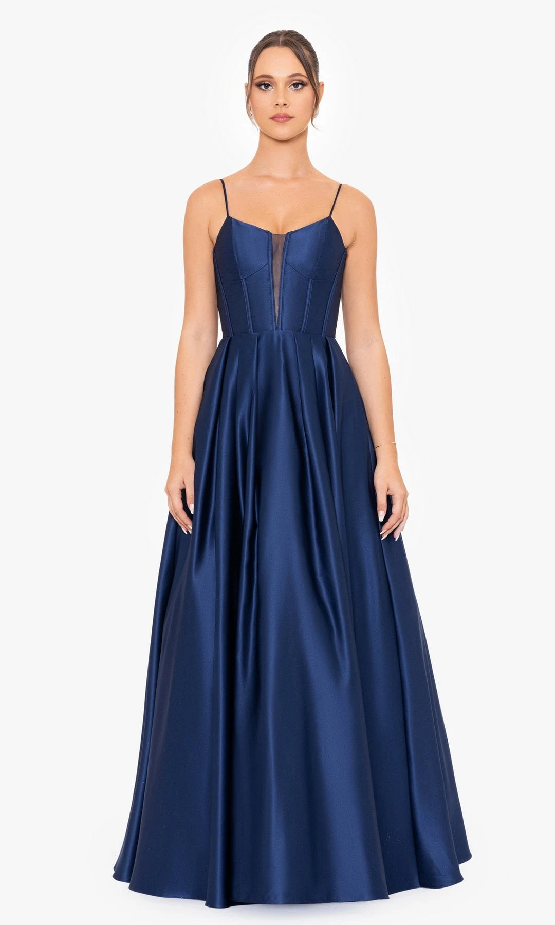 Elegant A-Line Sweetheart Sleeveless Corset Pleated Navy Maxi Prom Dresses Women