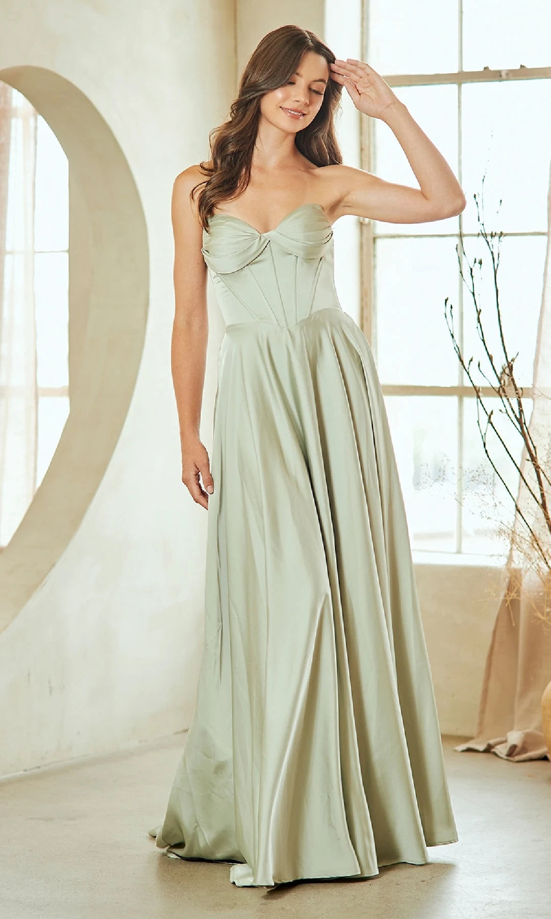 Elegant A-Line Sweetheart Sleeveless Corset Pleated Sage Long Prom Dresses Women Gown