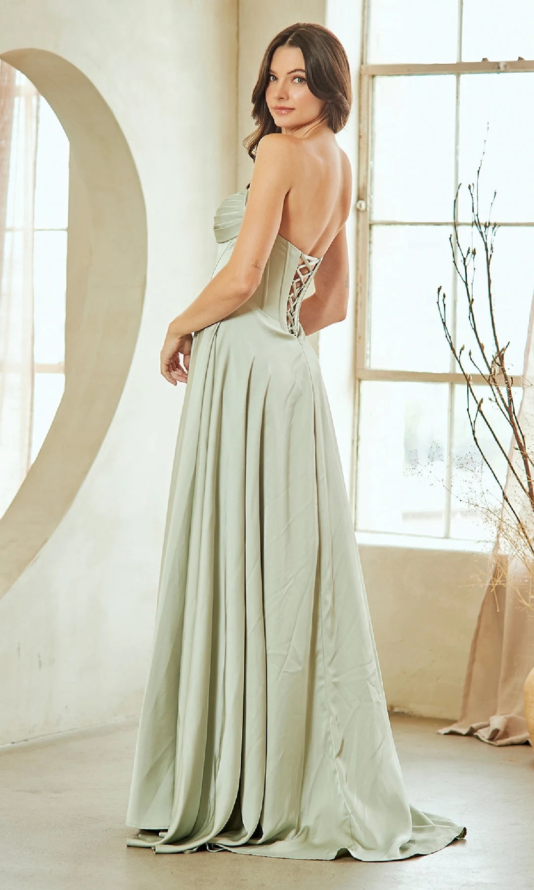 Elegant A-Line Sweetheart Sleeveless Corset Pleated Sage Long Prom Dresses Women Gown
