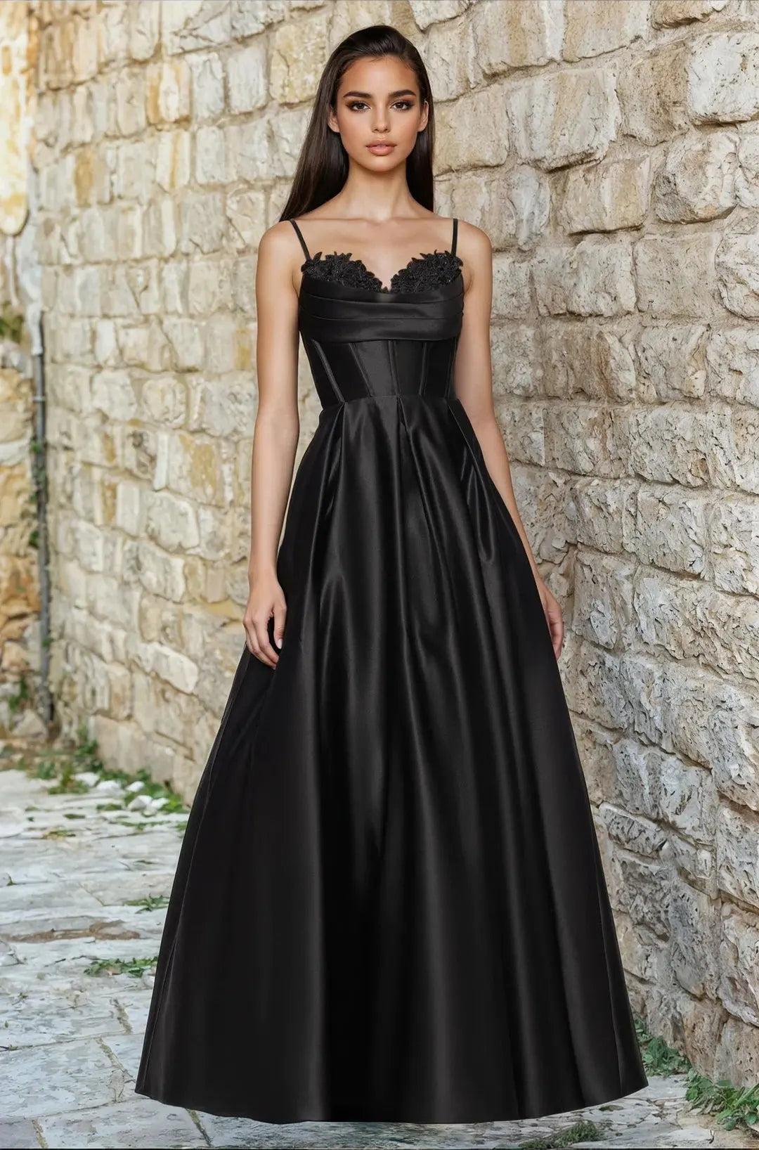 Elegant A-Line Sweetheart Sleeveless Corset Pocket Black Long Prom Dresses Gown