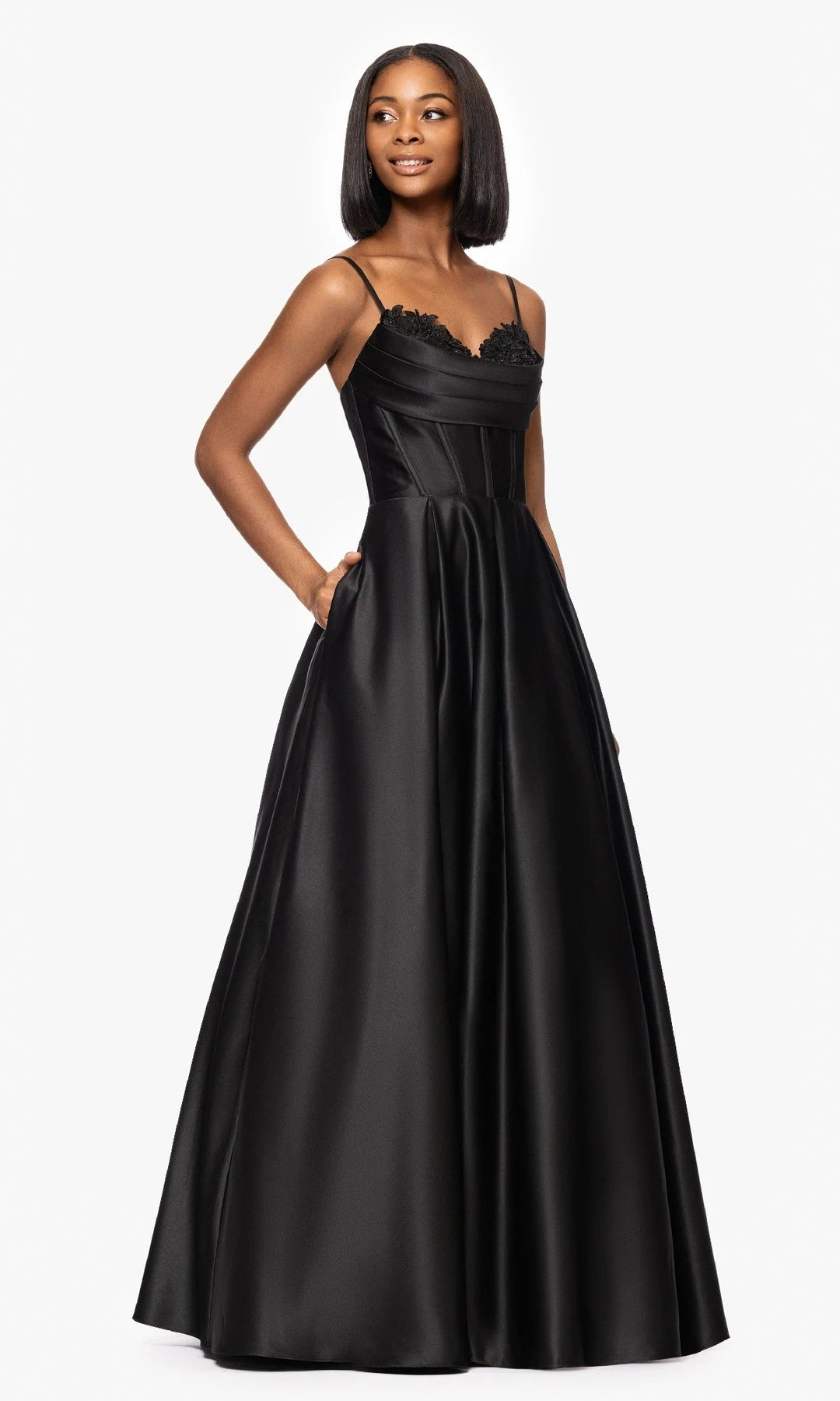 Elegant A-Line Sweetheart Sleeveless Corset Pocket Black Long Prom Dresses Gown