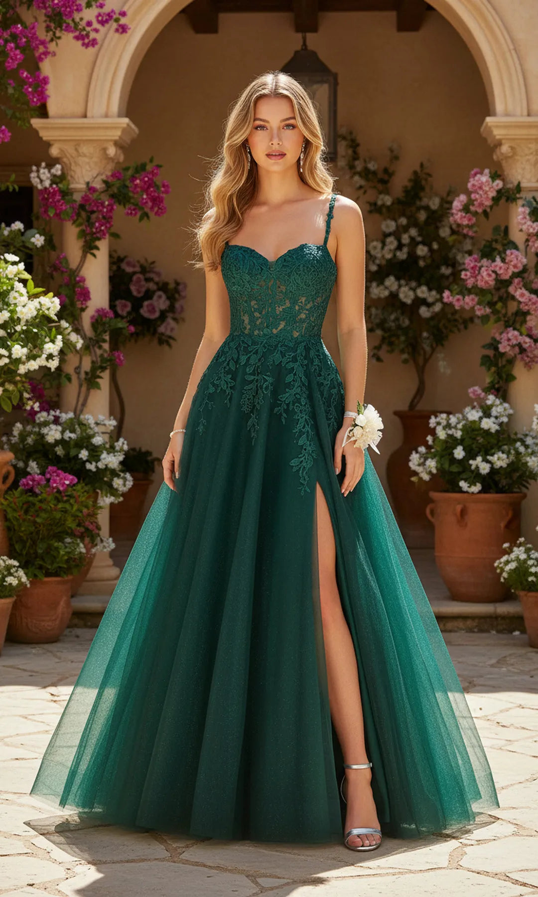 Elegant A-Line Sweetheart Sleeveless Corset Slit Emerald Long Prom Dresses Women