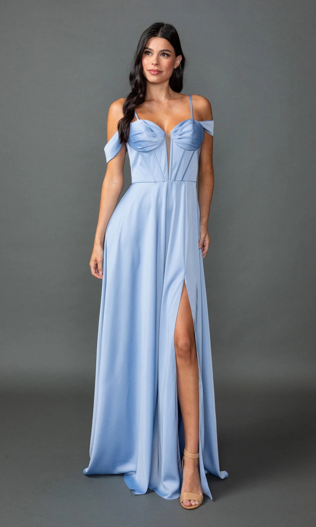Elegant A-Line Sweetheart Sleeveless Corset Slit Light Blue Long Prom Dresses For Women