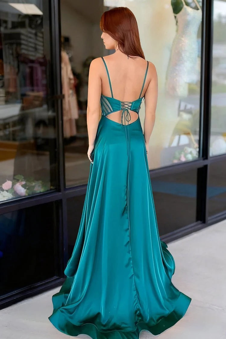 Elegant A-Line Sweetheart Sleeveless Corset Slit Teal Floor-Length Prom Gown