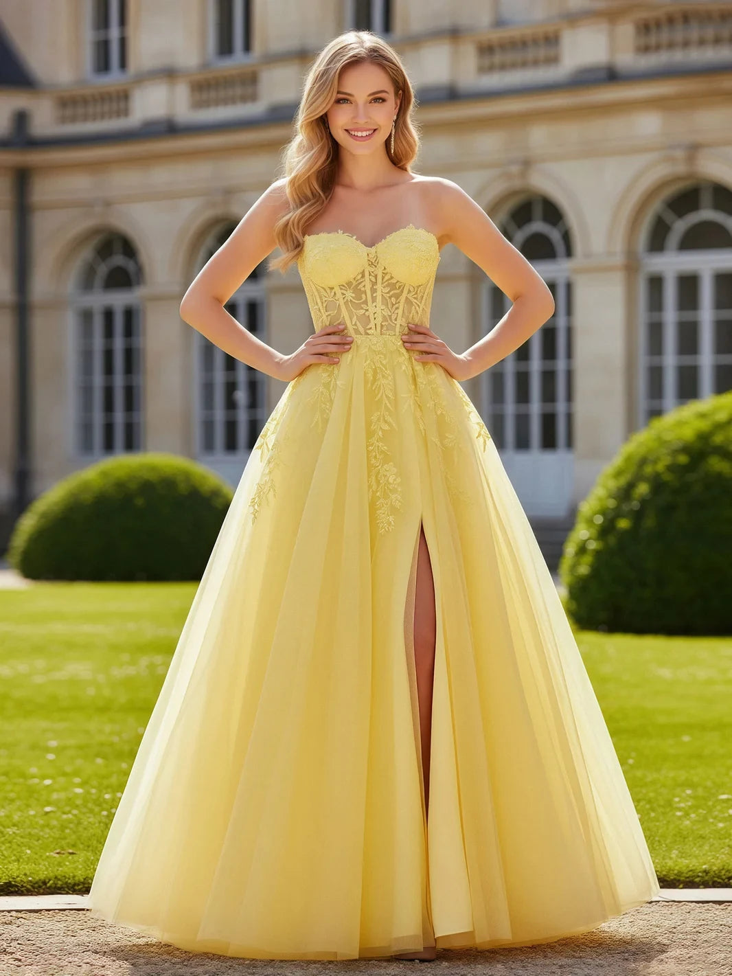 Elegant A-Line Sweetheart Sleeveless Corset Yellow Floor-Length Prom Gown