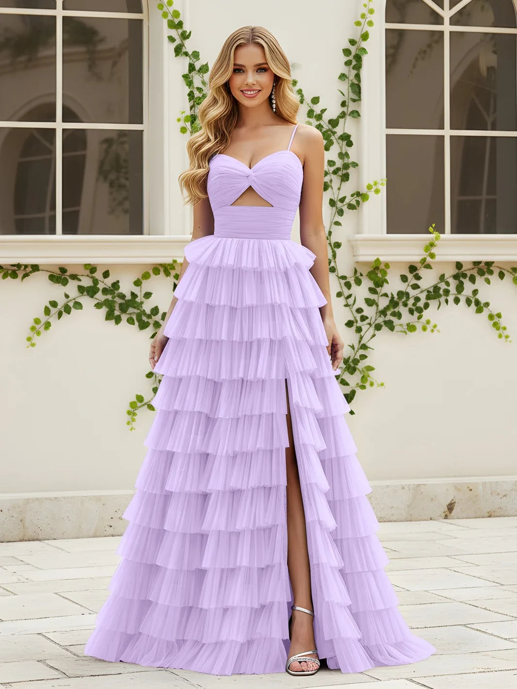 Elegant A-Line Sweetheart Sleeveless Cutout Tiered Lilac Floor-Length Prom Gown