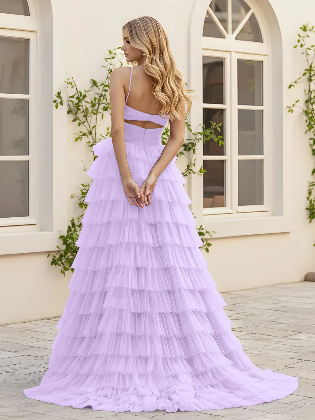 Elegant A-Line Sweetheart Sleeveless Cutout Tiered Lilac Floor-Length Prom Gown