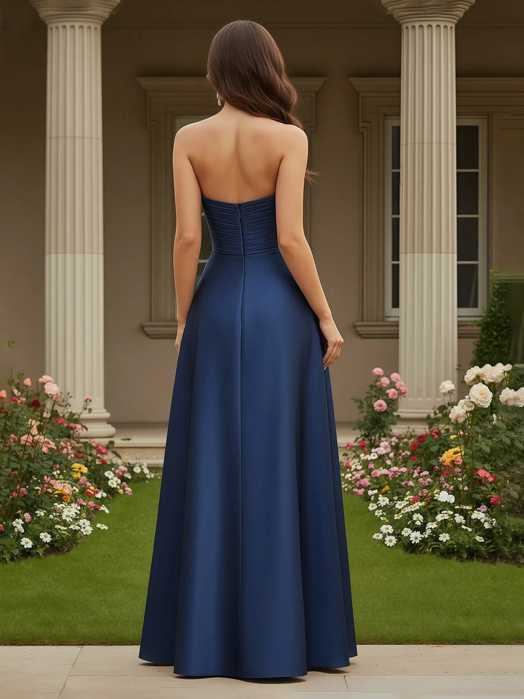 Elegant A-Line Sweetheart Sleeveless Draped Navy Blue Floor-Length Prom Dress Gown