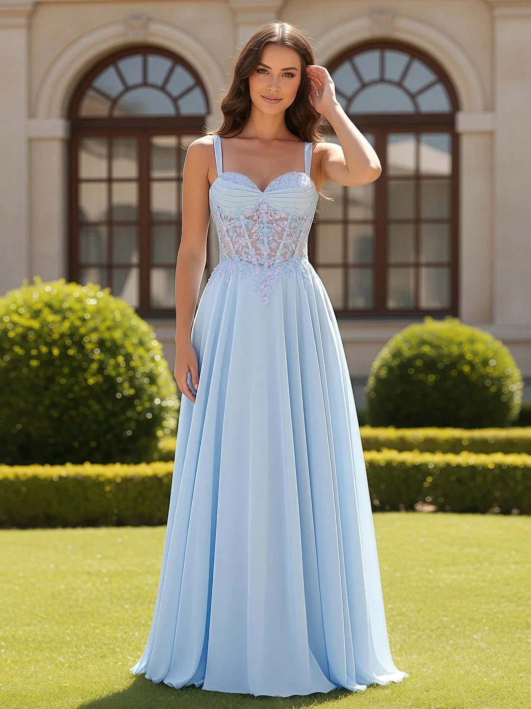 Elegant A-Line Sweetheart Sleeveless Embroidered Bodice Flowy Sky Blue Floor-Length Prom Dresses