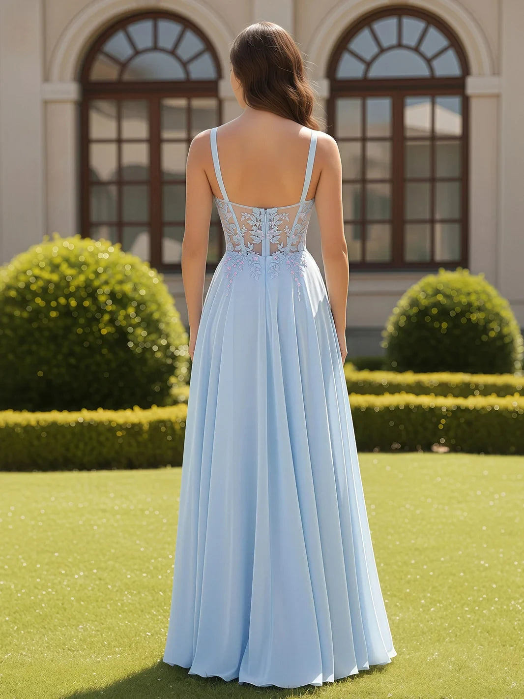 Elegant A-Line Sweetheart Sleeveless Embroidered Bodice Flowy Sky Blue Floor-Length Prom Dresses