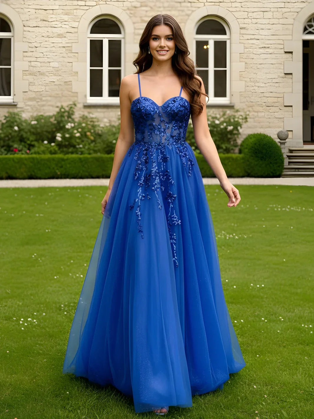 Elegant A-Line Sweetheart Sleeveless Embroidered Glitter Royal Blue Floor-Length Prom Gown