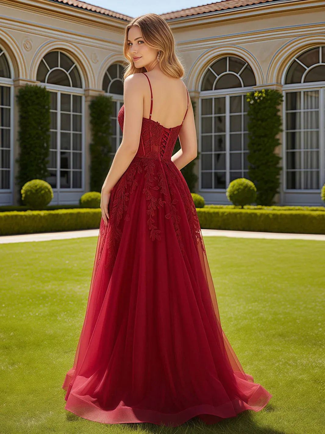 Elegant A-Line Sweetheart Sleeveless Embroidered Slit Burgundy Floor Prom Gown
