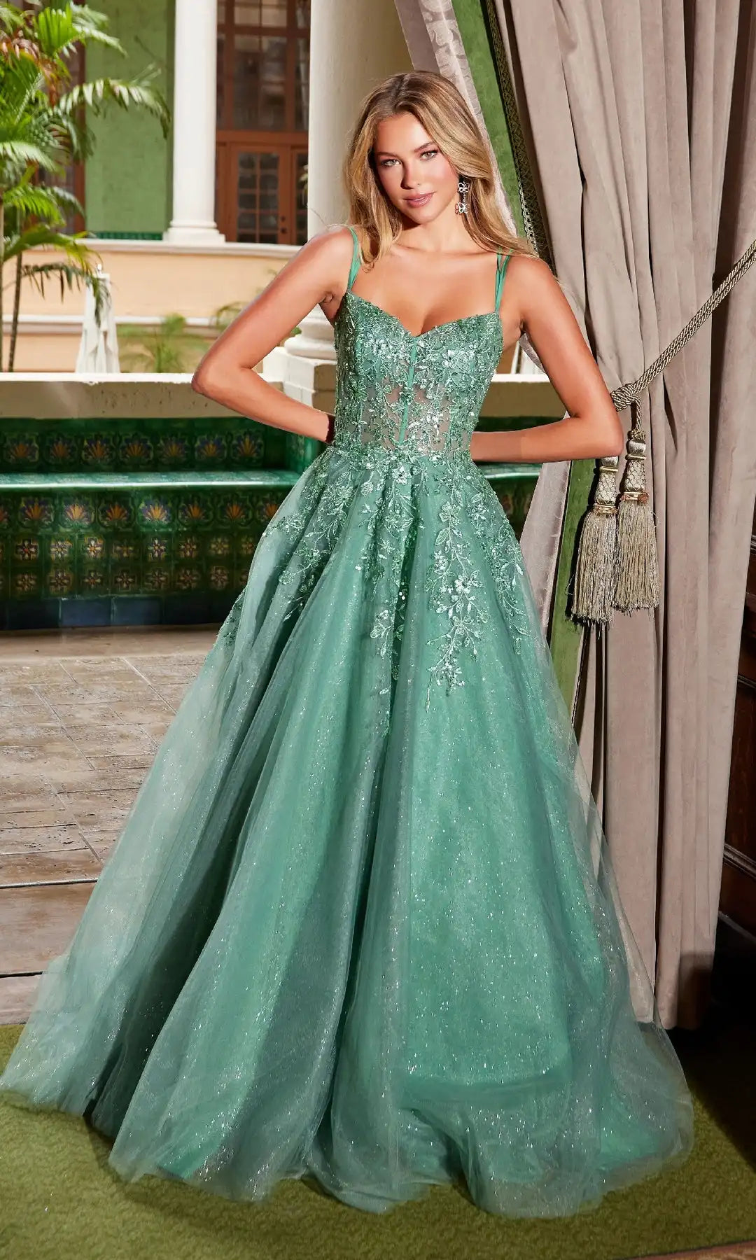 Elegant A-Line Sweetheart Sleeveless Floral-Glitter Sage Long Prom Dresses Women Gown