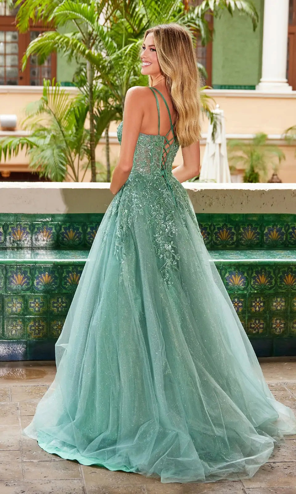 Elegant A-Line Sweetheart Sleeveless Floral-Glitter Sage Long Prom Dresses Women Gown
