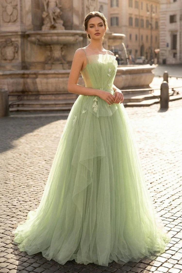 Elegant A-Line Sweetheart Sleeveless Floral Applique Sage Green Floor-Length Prom Gown