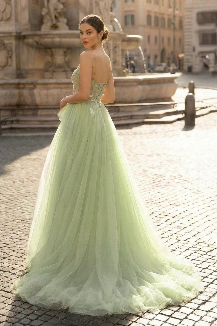 Elegant A-Line Sweetheart Sleeveless Floral Applique Sage Green Floor-Length Prom Gown