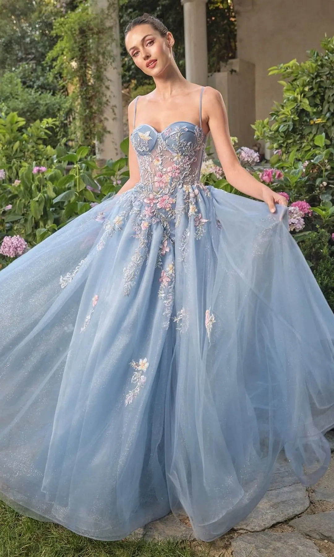 Elegant A-Line Sweetheart Sleeveless Floral Embroidered Blue Long Prom Dresses Gown