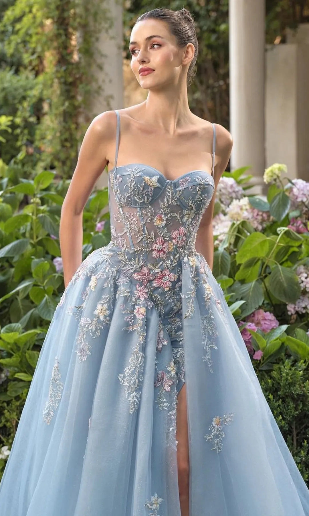 Elegant A-Line Sweetheart Sleeveless Floral Embroidered Blue Long Prom Dresses Gown