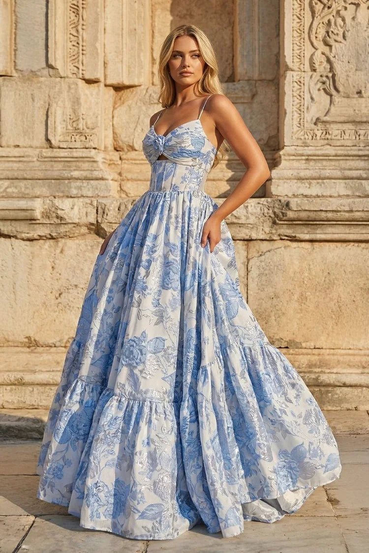 Elegant A-Line Sweetheart Sleeveless Floral Tiered Light Blue Floor-Length Prom Dress