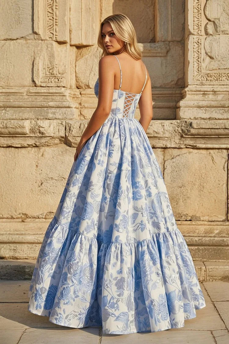 Elegant A-Line Sweetheart Sleeveless Floral Tiered Light Blue Floor-Length Prom Dress