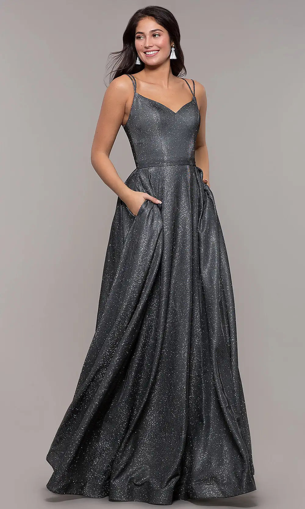 Elegant A-Line Sweetheart Sleeveless Glittering Pocketed Charcoal Floor-Length Prom Dress