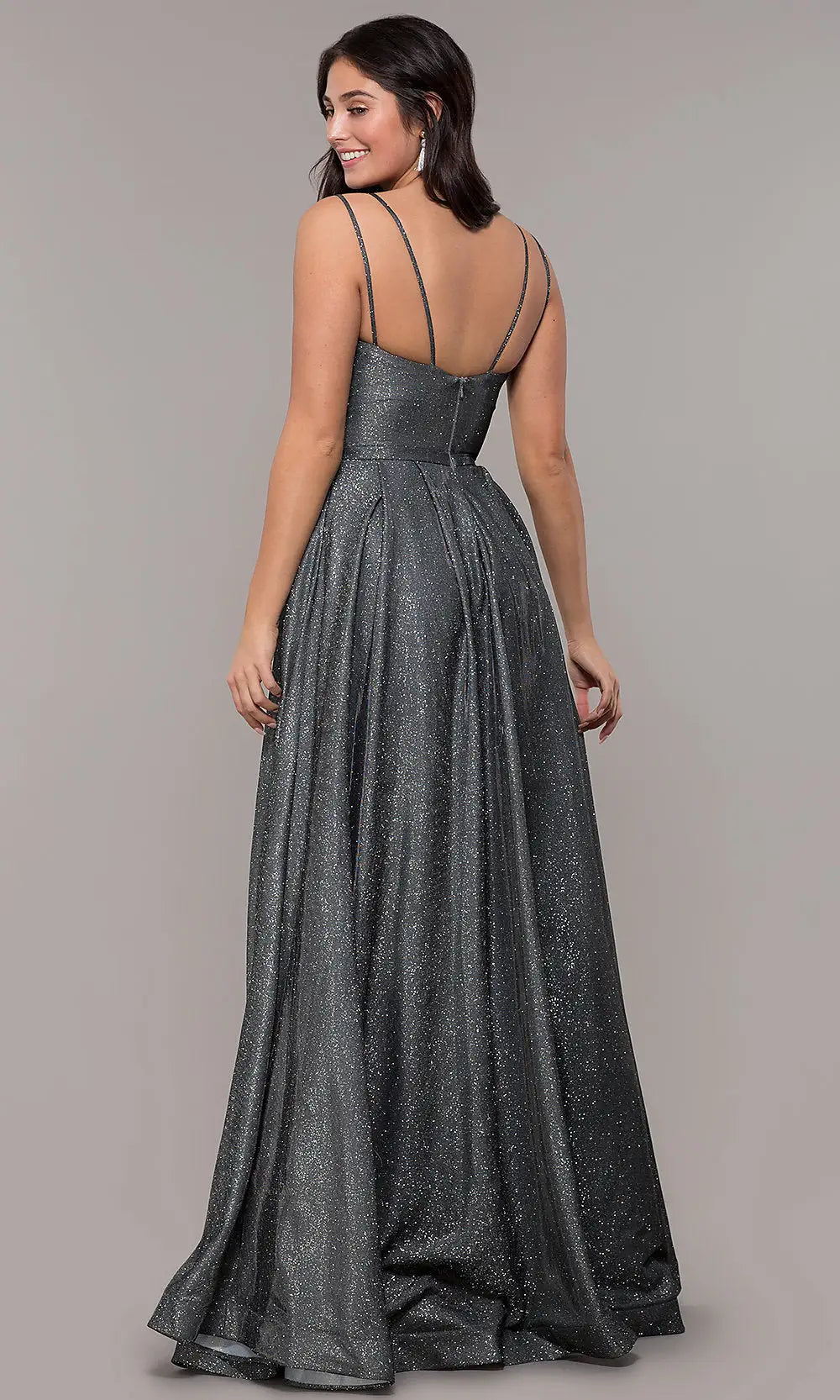 Elegant A-Line Sweetheart Sleeveless Glittering Pocketed Charcoal Floor-Length Prom Dress
