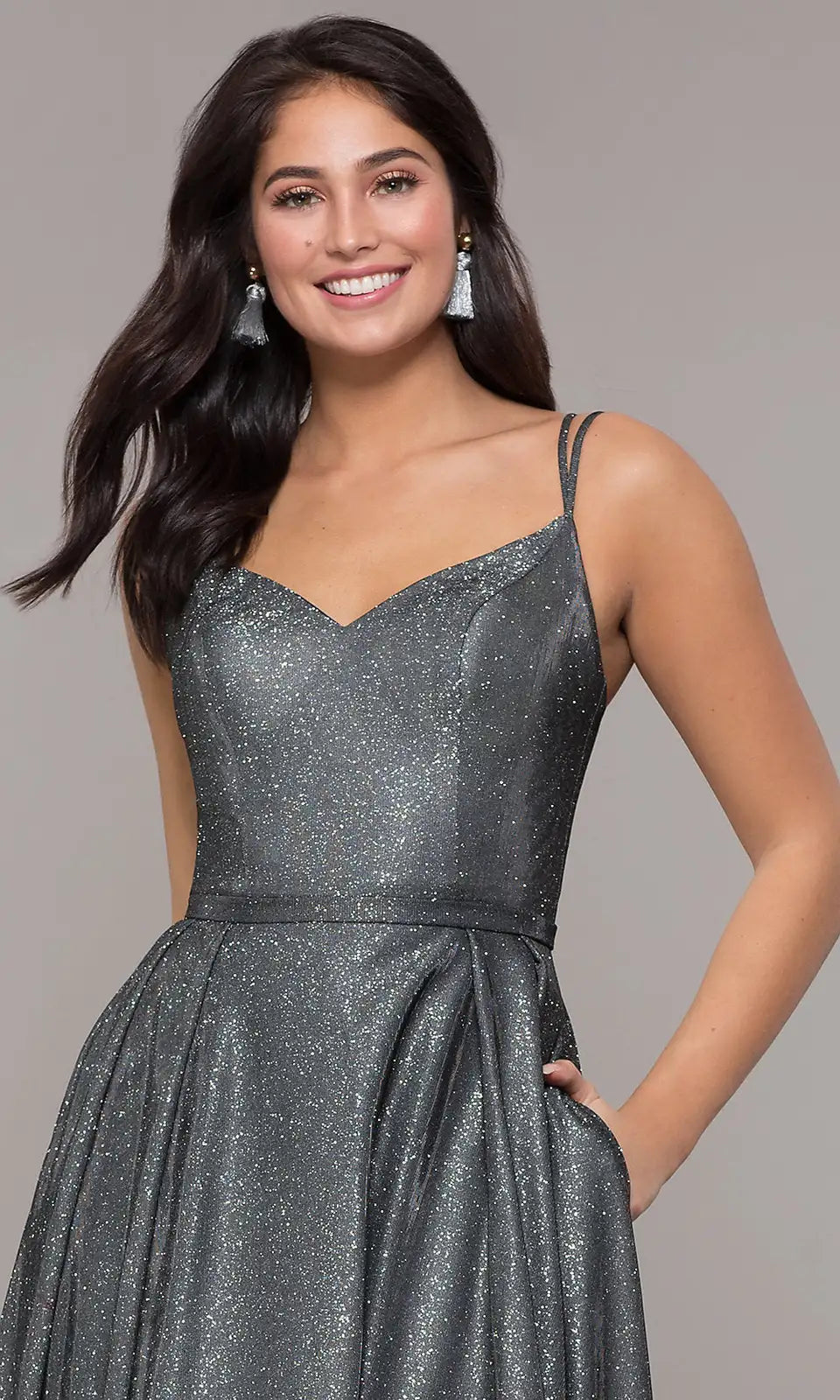 Elegant A-Line Sweetheart Sleeveless Glittering Pocketed Charcoal Floor-Length Prom Dress