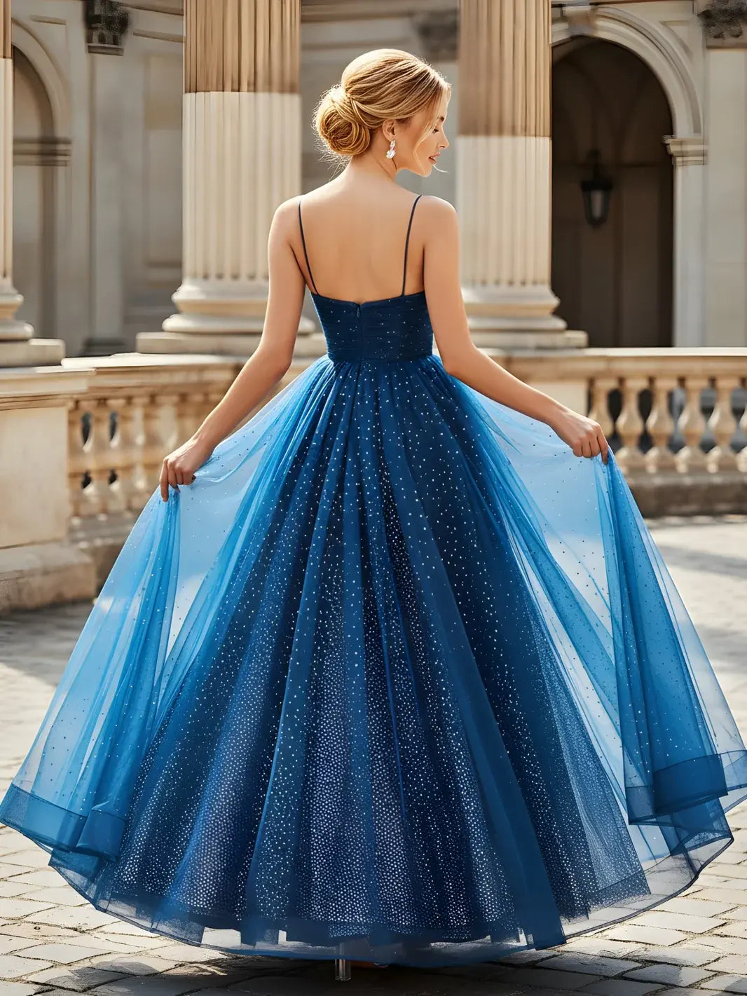 Elegant A-Line Sweetheart Sleeveless Glittering Shimmering Midnight Blue Floor Prom Dress For Women