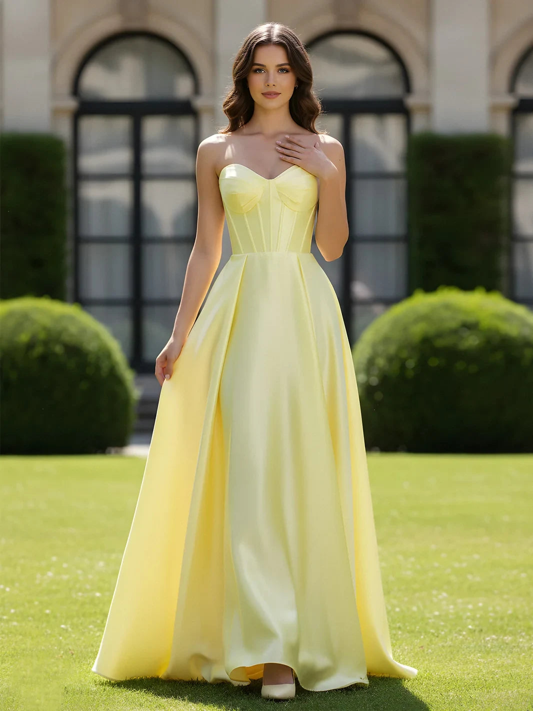 Elegant A-Line Sweetheart Sleeveless Pleated Daffodil Yellow Floor-Length Prom Gown