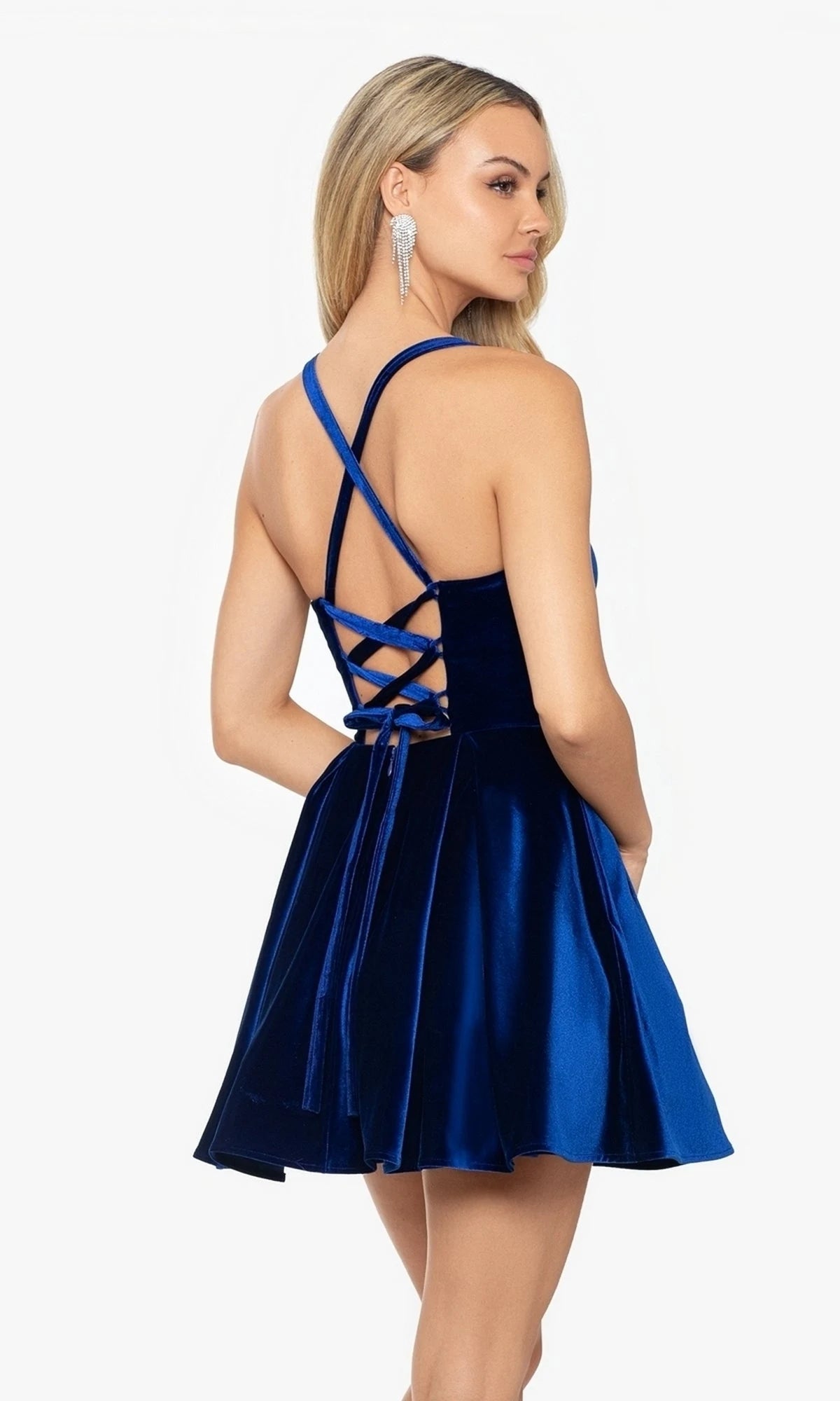 Elegant A-Line Sweetheart Sleeveless Pockets Criss-Cross Royal Blue Mini Homecoming Dress