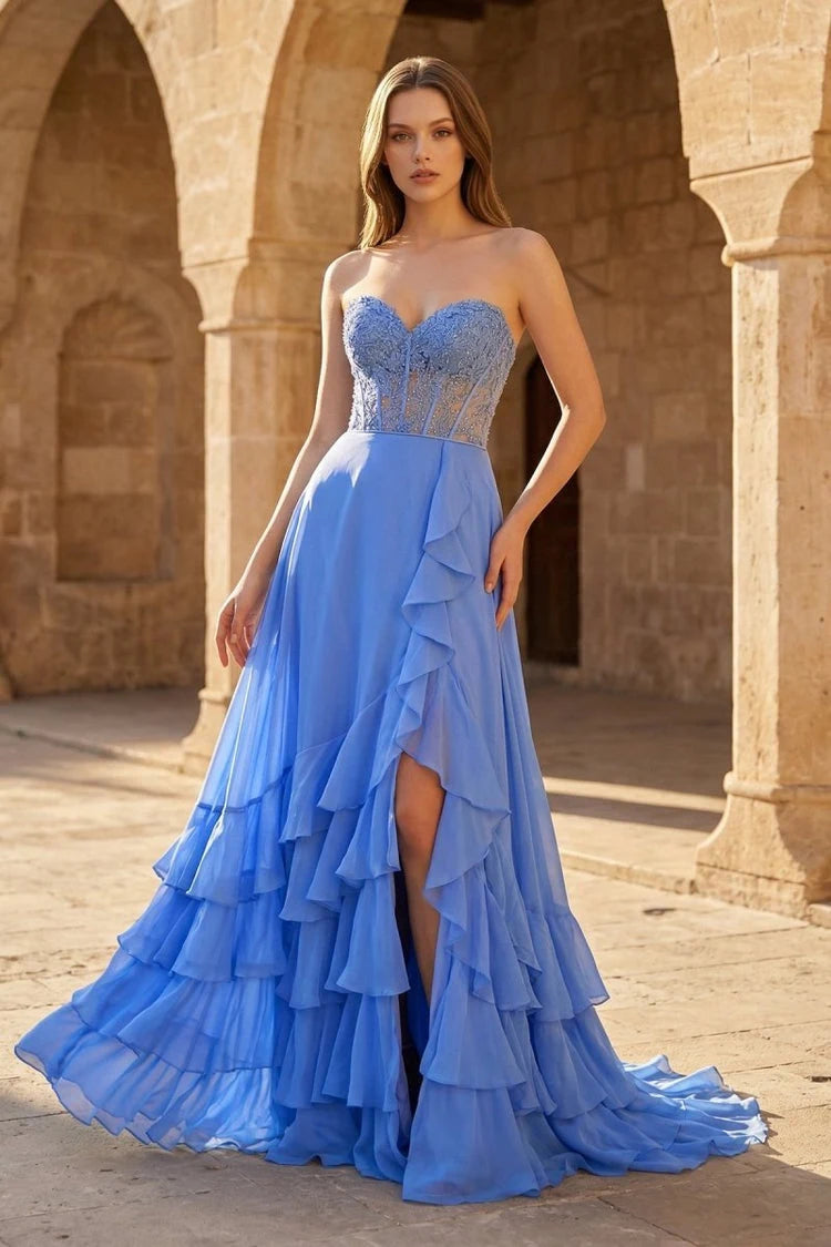 Elegant A-Line Sweetheart Sleeveless Ruffled Blue Floor-Length Prom Dress Gown