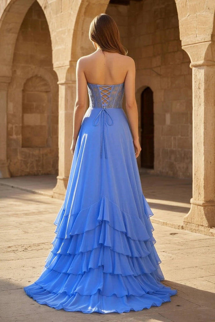 Elegant A-Line Sweetheart Sleeveless Ruffled Blue Floor-Length Prom Dress Gown