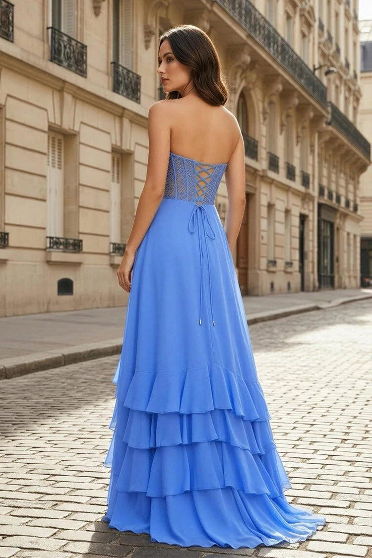 Elegant A-Line Sweetheart Sleeveless Ruffled Blue Floor-Length Prom Dress Gown