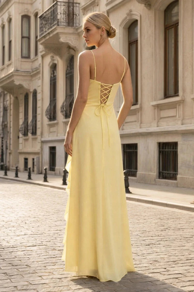 Elegant A-Line Sweetheart Sleeveless Ruffled Criss-Cross Pale Yellow Maxi Prom Dress