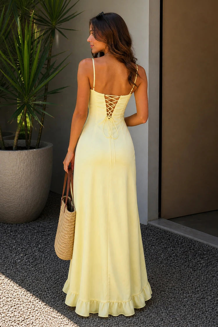Elegant A-Line Sweetheart Sleeveless Ruffled Slit Yellow Maxi Prom Dress