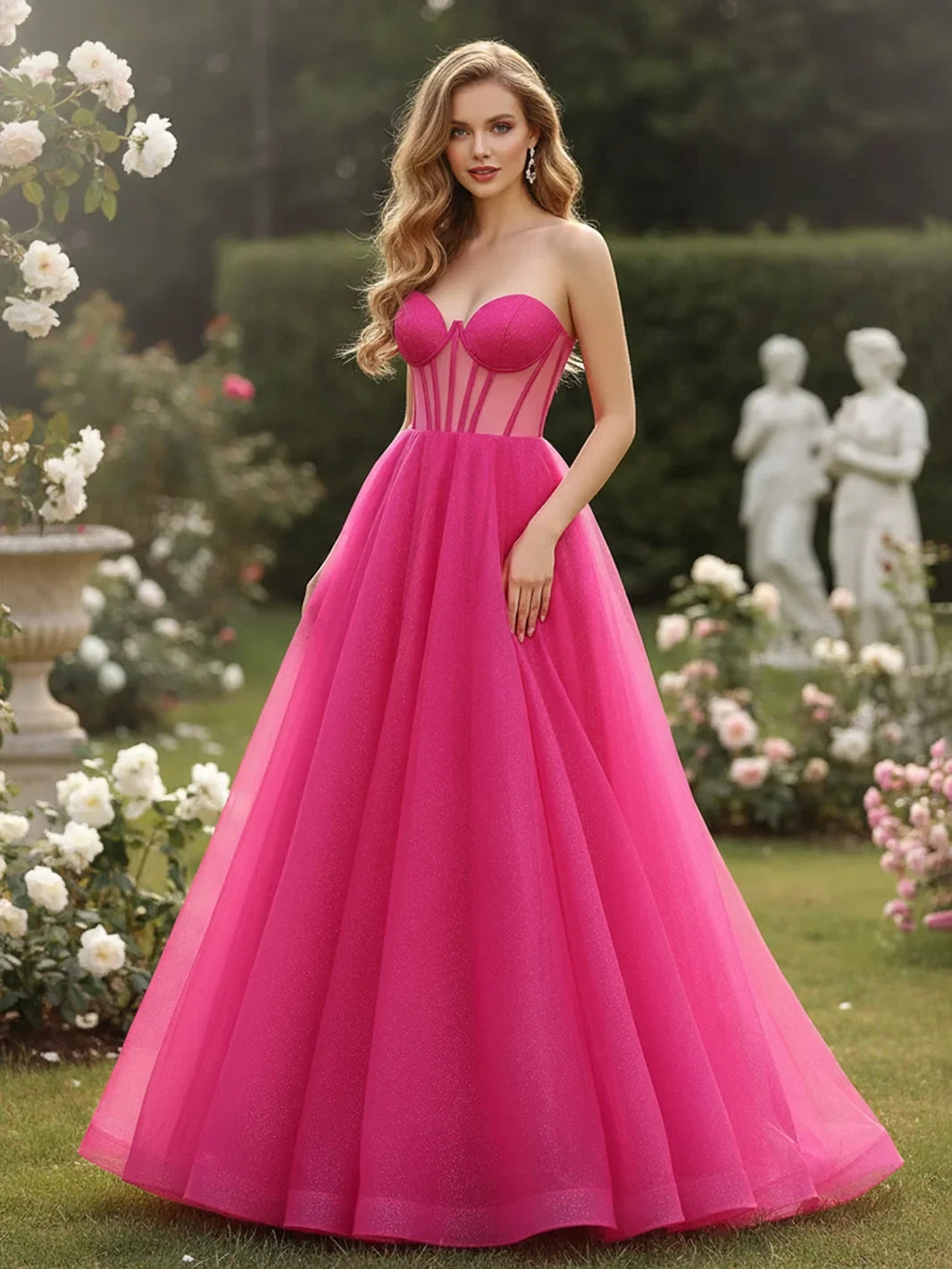 Elegant A-Line Sweetheart Sleeveless Shimmering Fuchsia Pink Corset Prom Gown