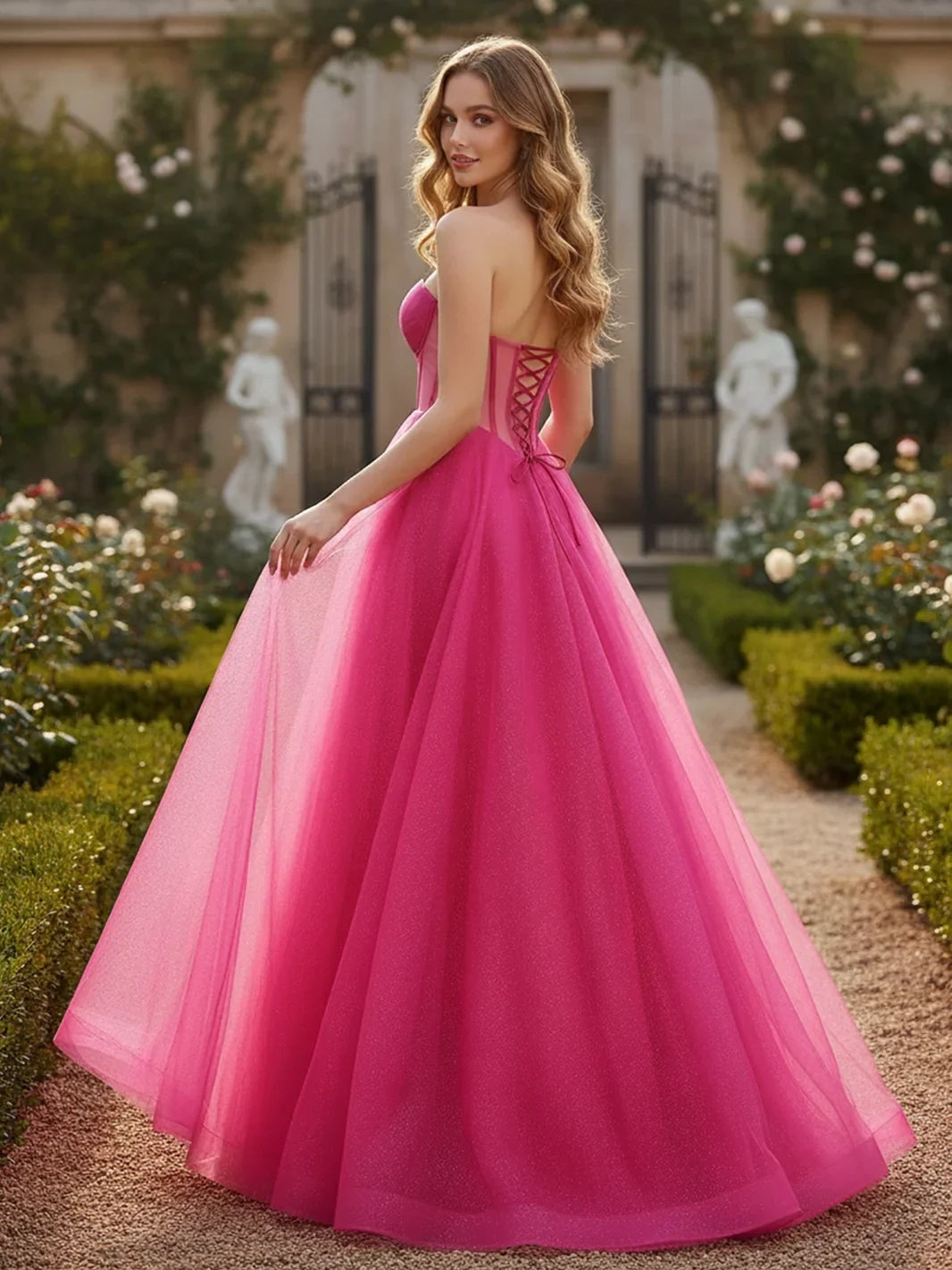 Elegant A-Line Sweetheart Sleeveless Shimmering Fuchsia Pink Corset Prom Gown