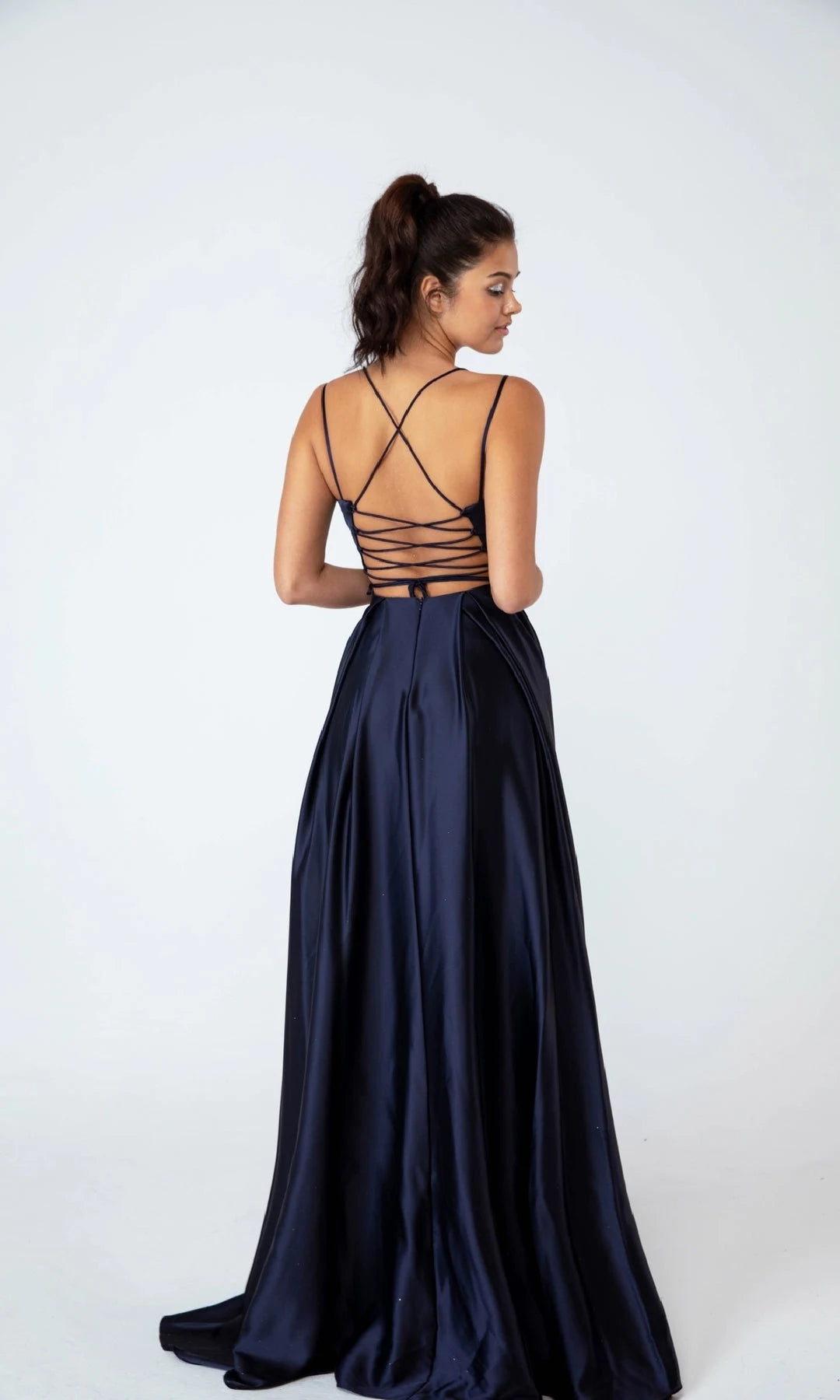 Elegant A-Line Sweetheart Sleeveless Slit Backless Navy Long Prom Dresses Women Gown