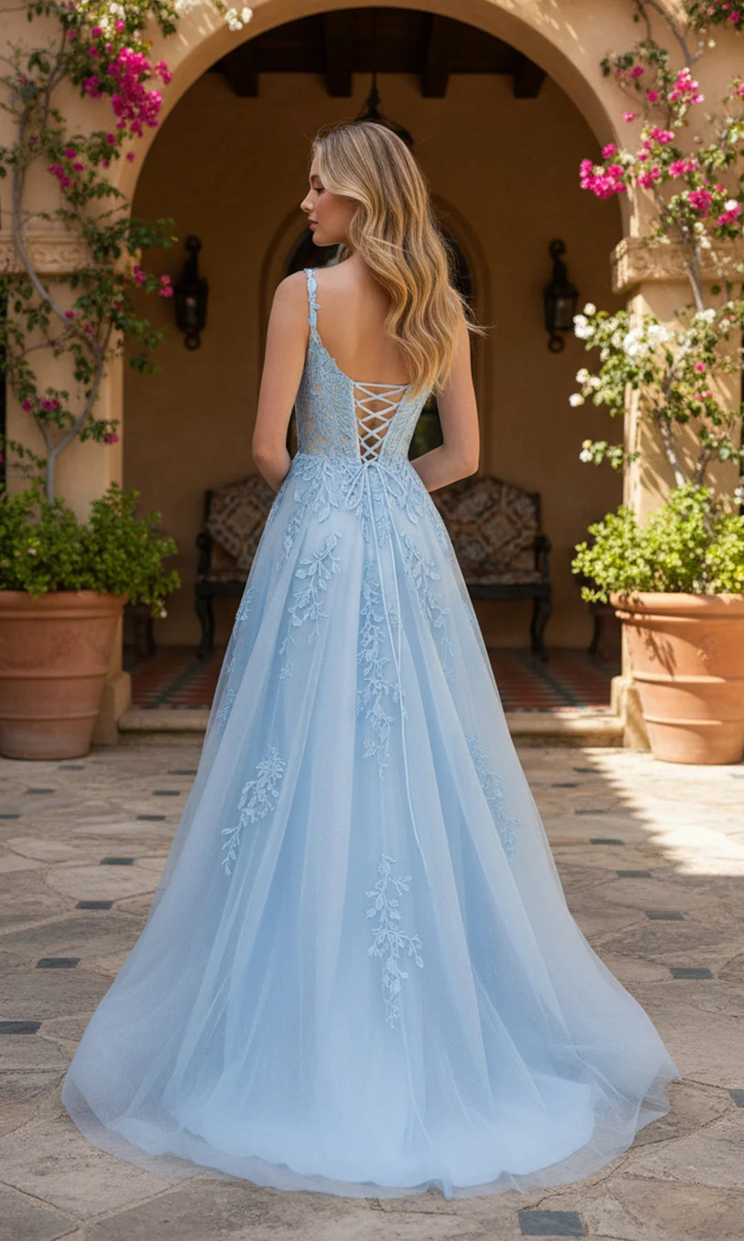 Elegant A-Line Sweetheart Sleeveless Slit Corset Blue Long Prom Dresses