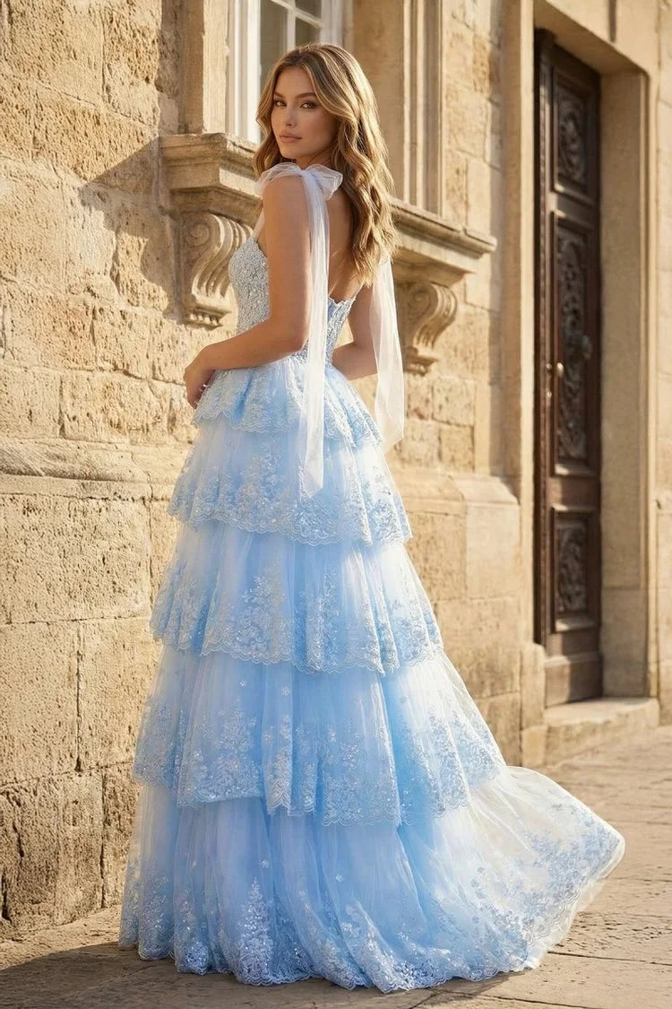 Elegant A-Line Sweetheart Sleeveless Tiered Embroidered Light Blue Long Prom Dresses Gown