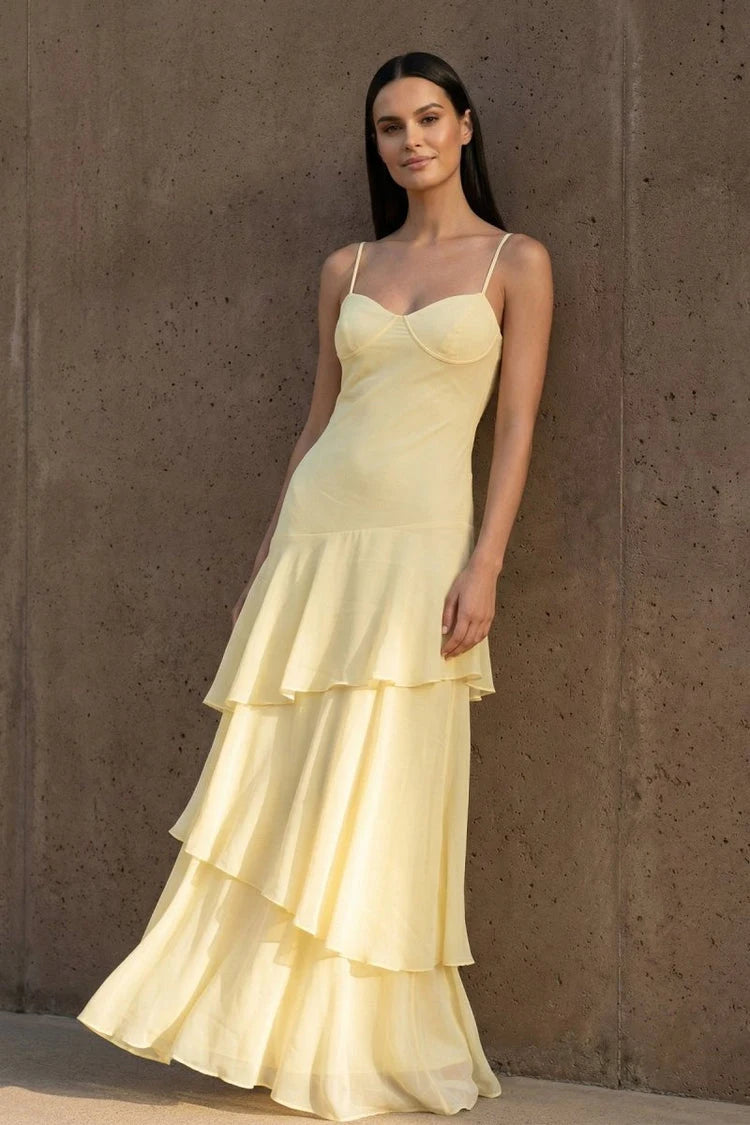 Elegant A-Line Sweetheart Sleeveless Tiered Lace-Up Yellow Maxi Prom Dresses