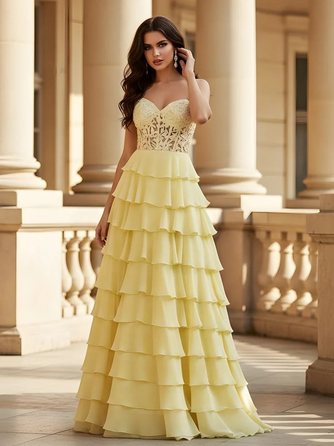 Elegant A-Line Sweetheart Sleeveless Tiered Ruffle Lace Pale Yellow Floor-Length Prom Gown