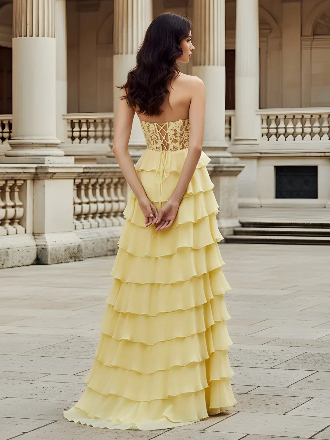 Elegant A-Line Sweetheart Sleeveless Tiered Ruffle Lace Pale Yellow Floor-Length Prom Gown