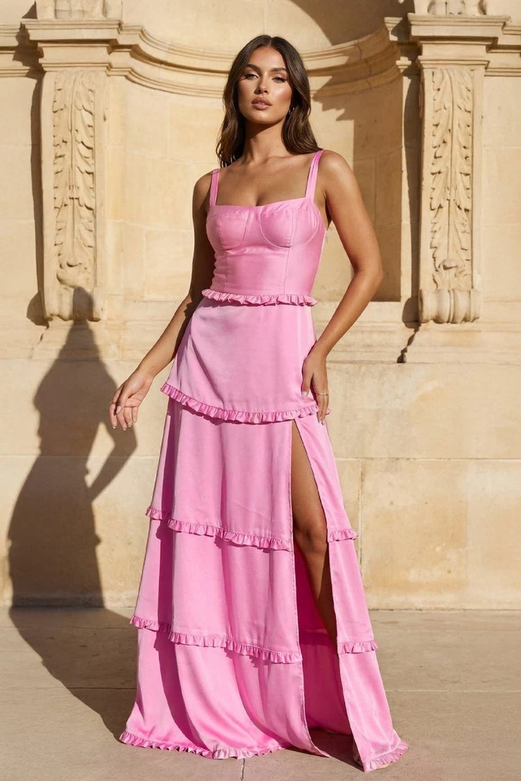 Elegant A-Line Sweetheart Sleeveless Tiered Ruffle Pink Floor-Length Prom Dresses Women's Gown