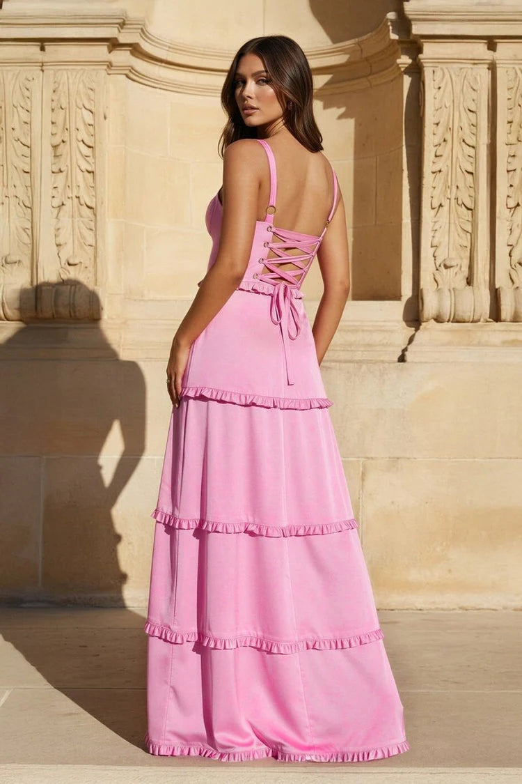 Elegant A-Line Sweetheart Sleeveless Tiered Ruffle Pink Floor-Length Prom Dresses Women's Gown