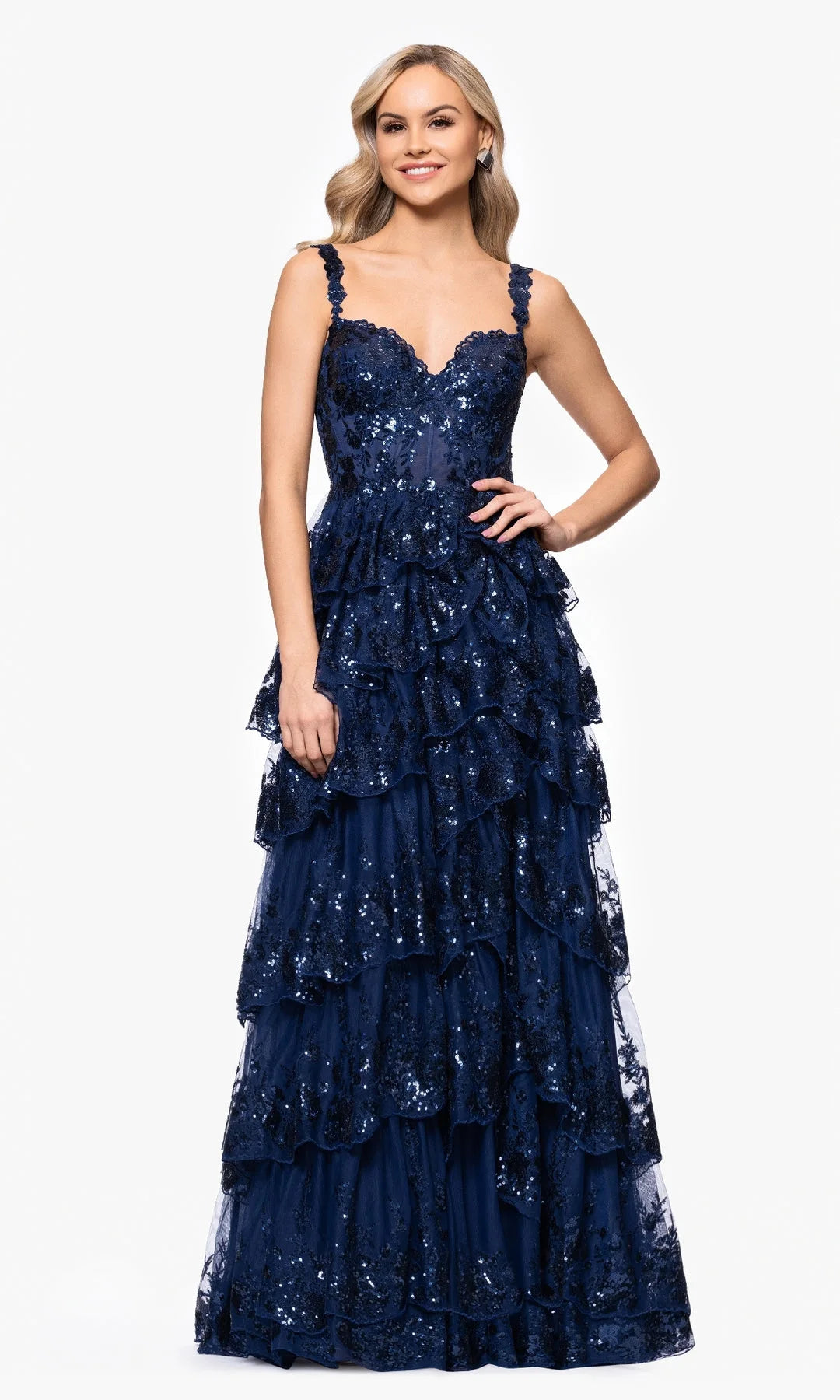 Elegant A-Line Sweetheart Sleeveless Tiered Sequin Navy Floor-Length Prom Dresses