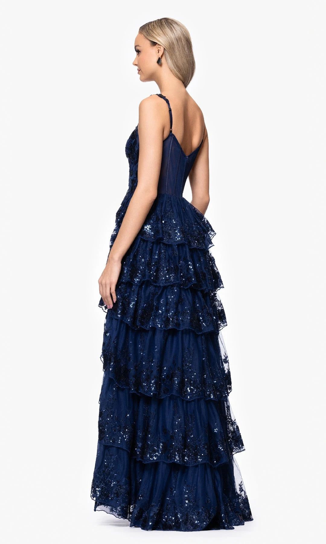 Elegant A-Line Sweetheart Sleeveless Tiered Sequin Navy Floor-Length Prom Dresses